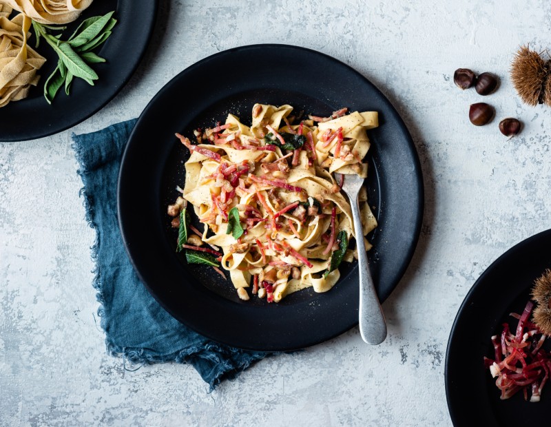 Tagliatelle with crispy Speck Alto Adige PGI and chestnuts